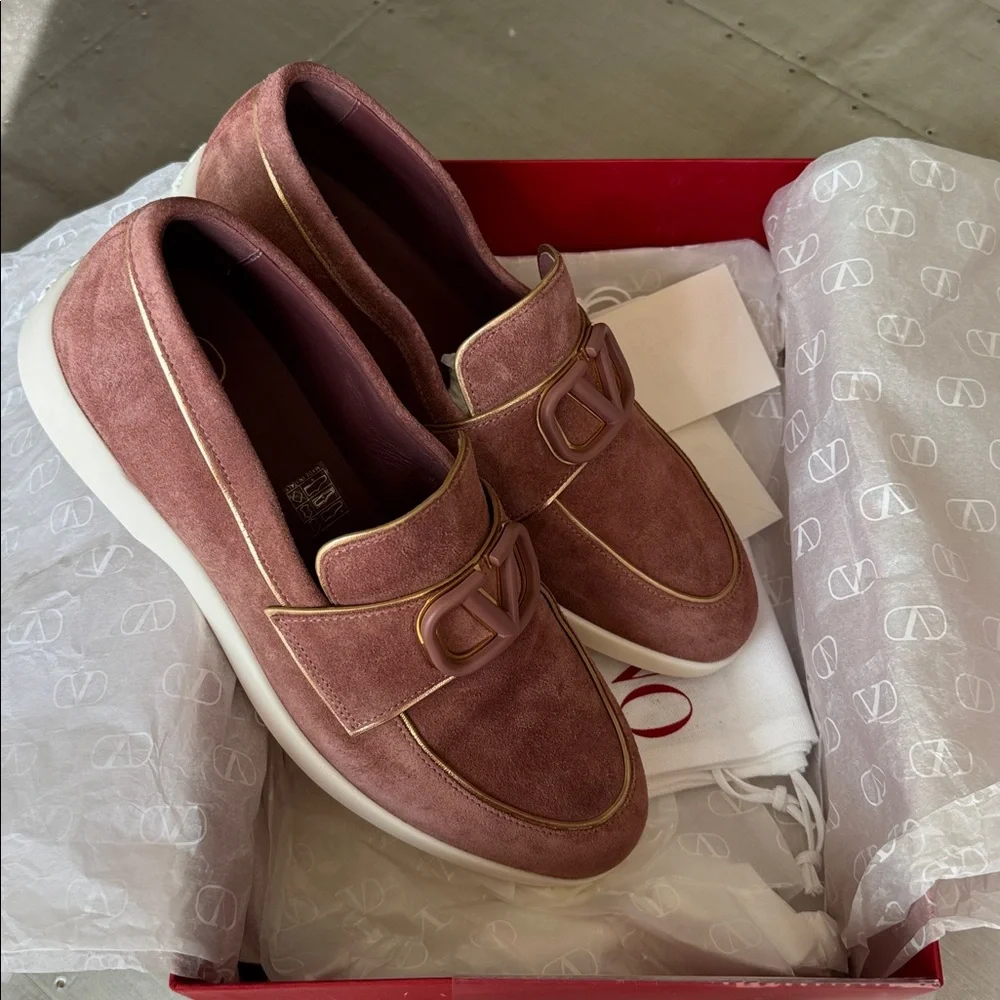 Valentino garavani brown suede gold lining loafer moccasin flats sz 39